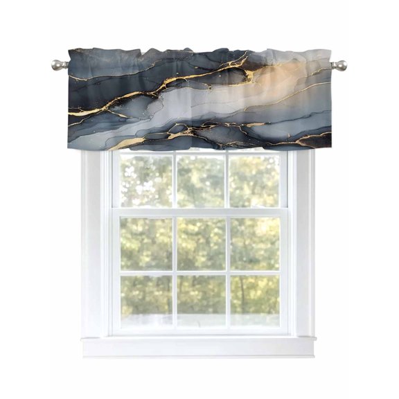 Abstract Marble Texture Valances for Windows Grey Shinny Gold Gradient Art Kitchen Valance Curtain Rod Pocket Small Curtains for Cafe Bathroom Laundry Basement 60" x 18"