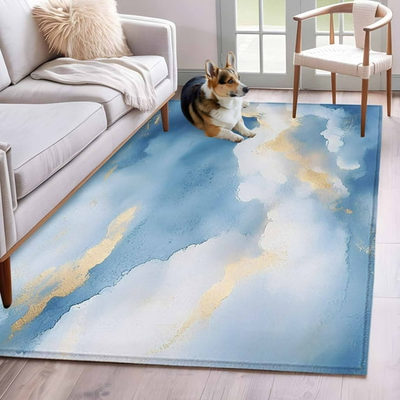 Abstract Marble Texture Washable Area Rug 4x6 111 Golden Blue Gradient Low-Profile Large Area Rugs with Non Slip Backing Indoor Floor Carpet for Entrance Living Room Bedroom Home Office