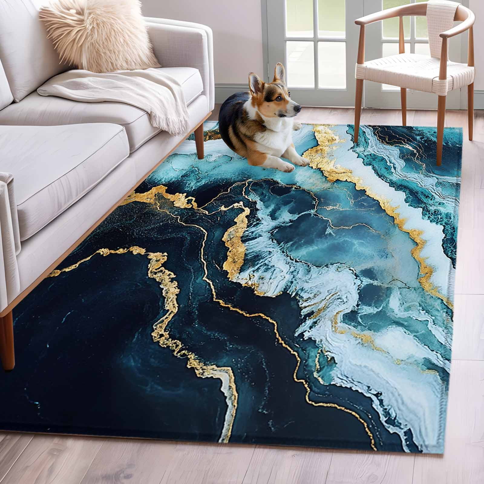 Low Profile Blue Rug Abstract Marble Texture Washable Area Rug 4x6 Blue Gold Modern Art Low ...