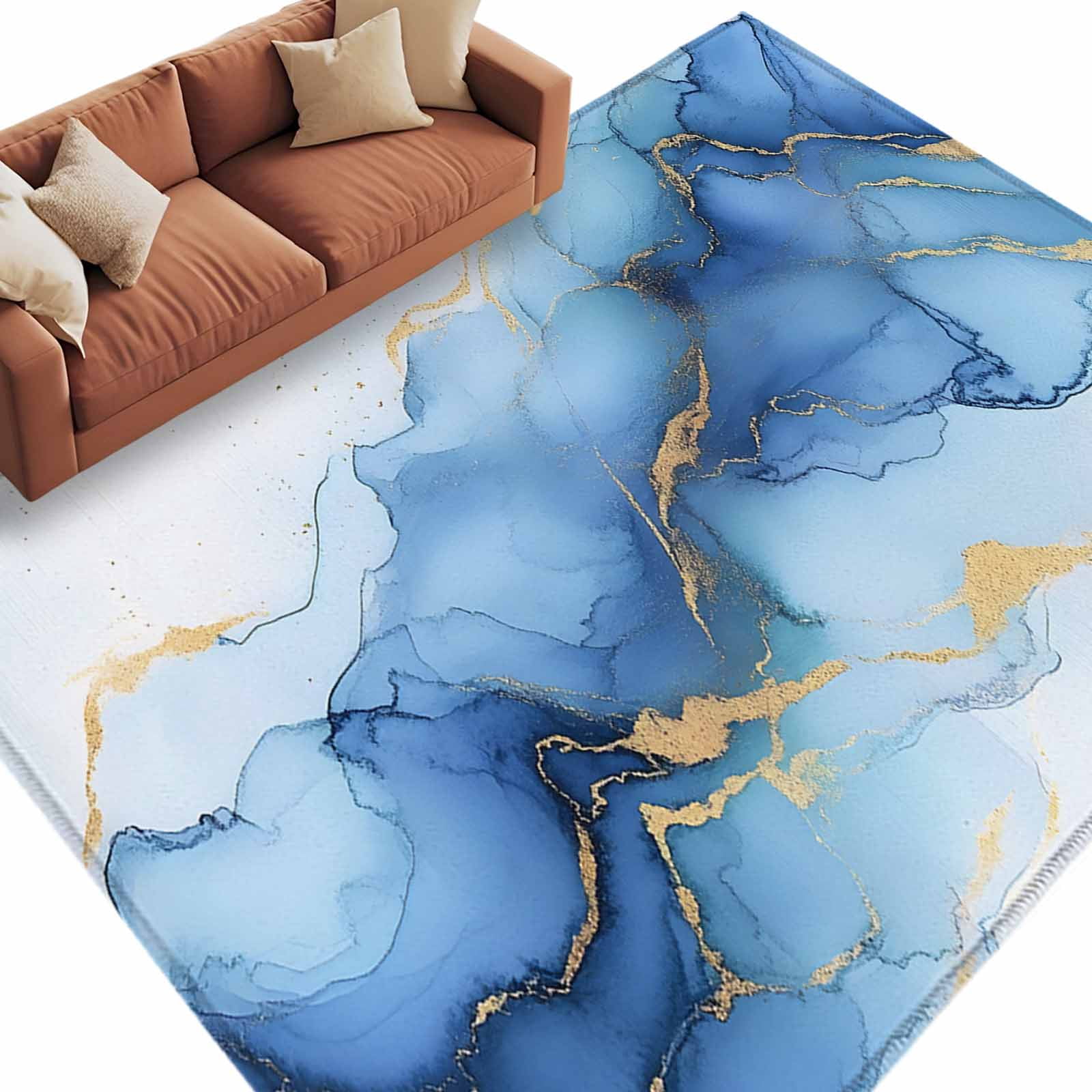 Abstract Marble Texture Washable Area Rug 6x9 Gold Blue Gradient Modern ...