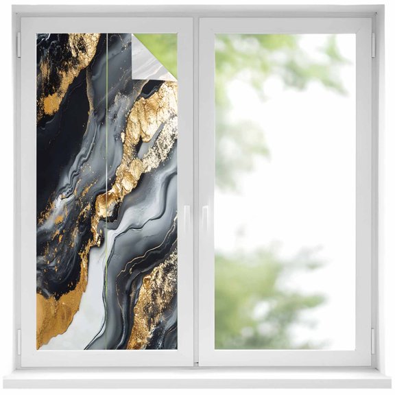 Abstract Marble Texture Window Privacy Film Black Gold Crack Gradient Decorative Glass Window Film UV Blocking Static Cling Non-Adhesive Sticker Covering for Home Door 17.7 x 39.3 inches