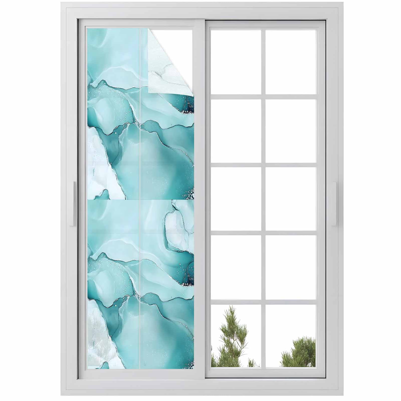 Abstract Marble Texture Window Privacy Film Blue Green Wavy Pattern Decorative Glass Window Film UV Blocking Static Cling Non-Adhesive Sticker Covering for Home Door 23.6 x 78.7 inches