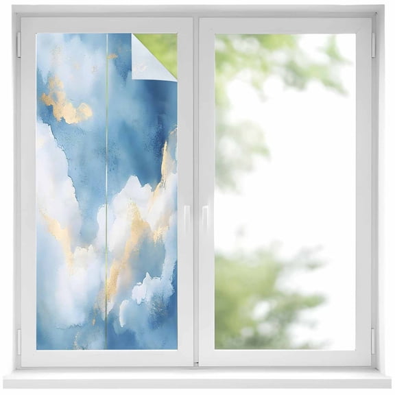 Abstract Marble Texture Window Privacy Film Golden Blue Gradient Decorative Glass Window Film UV Blocking Static Cling Non-Adhesive Sticker Covering for Home Door 17.7 x 39.3 inches