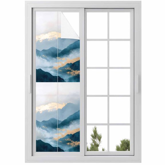 Abstract Marble Texture Window Privacy Film Gradient Mountain Green Forest Art Decorative Glass Window Film UV Blocking Static Cling Non-Adhesive Sticker Covering for Home Door 17.7 x 78.7 inches