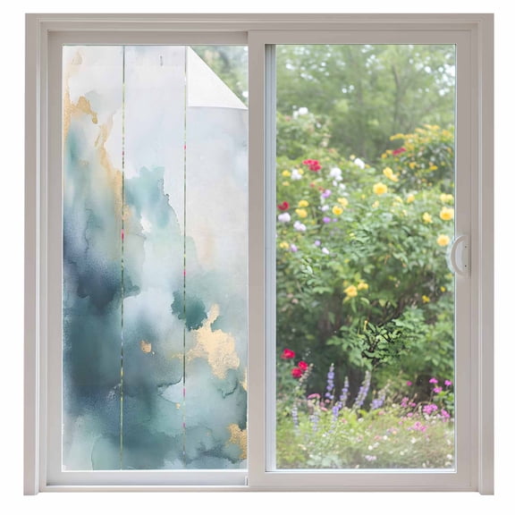 Abstract Marble Texture Window Privacy Film Green Golden Graffiti Art Decorative Glass Window Film UV Blocking Static Cling Non-Adhesive Sticker Covering for Home Door 35.4x78.7 inches