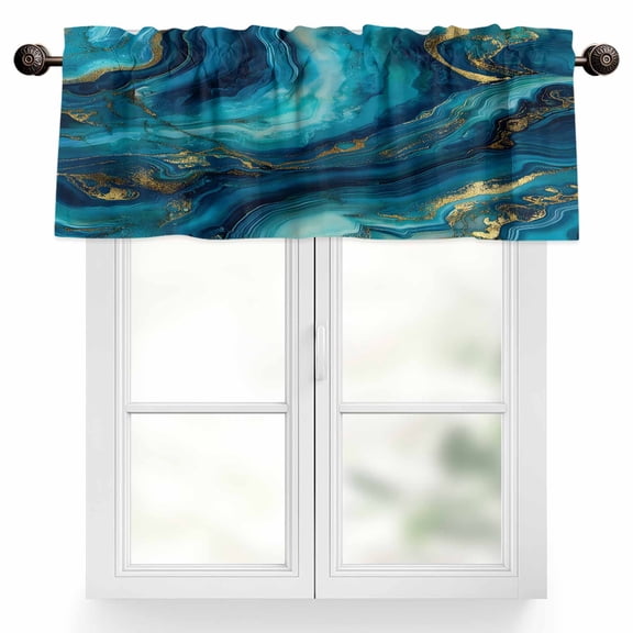 Abstract Marble Valances for Windows, 54 x 18in, Teal Green Gold Gradient Wave Texture Rod Pocket Kitchen Valance Curtain Light Filtering Window Treatments for Living Room Bedroom, 1 Panel