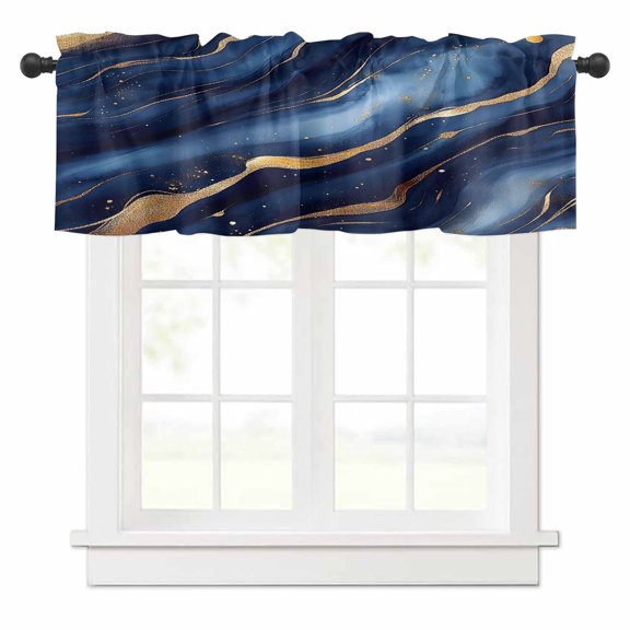 Abstract Marble Valances for Windows Gold Navy Texture Modern Style Simple Rod Pocket Curtain Valance Window Treatment Short Curtains for Kitchen Living Room, 54"x18"