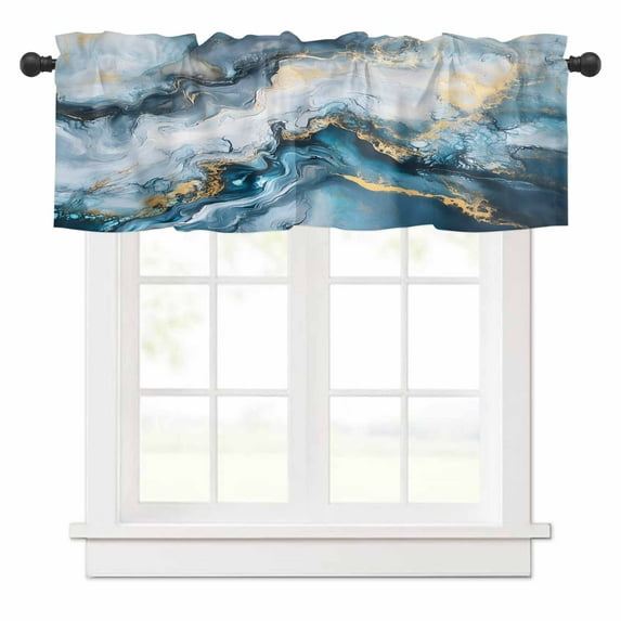 Abstract Marble Valances for Windows Gradient Blue Gold White Texture Rod Pocket Curtain Valance Window Treatment Short Curtains for Kitchen Living Room, 60"x18"