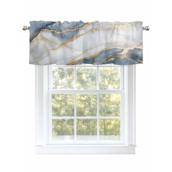 Abstract Marble Valances for Windows Navy Blue Gold Gradient Wave Texture Kitchen Valance Curtain Rod Pocket Small Curtains for Cafe Bathroom Laundry Basement 42" x 18"