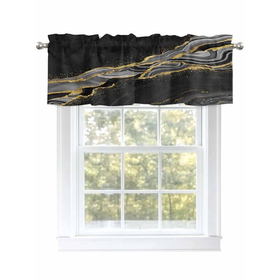 Abstract Marble Valances for Windows, Rod Pocket Kitchen Valance Curtains - Soft & Washable Small Window Treatment for Living Room,&nbsp;Bathroom, Black Gold , 42x12 Inch, 1 Panel