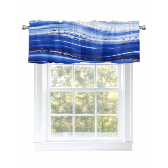 Abstract Marble Valances for Windows, Rod Pocket Kitchen Valance Curtains - Soft & Washable Small Window Treatment for Living Room, Bathroom, Fluid Art Blue, 54x18inch