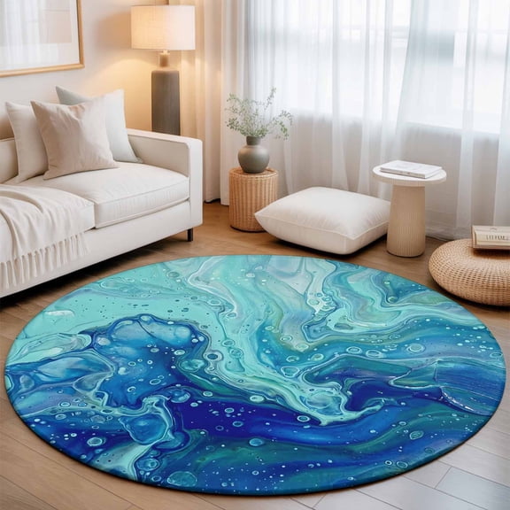 Abstract Marble Washable Round Area Rug 3 ft, Turquoise Green Gradient Ocean Wave Texture, Soft Non Slip Rugs Stain Repellent Indoor Felt Carpet for Living Dining Room Bedroom Home Office