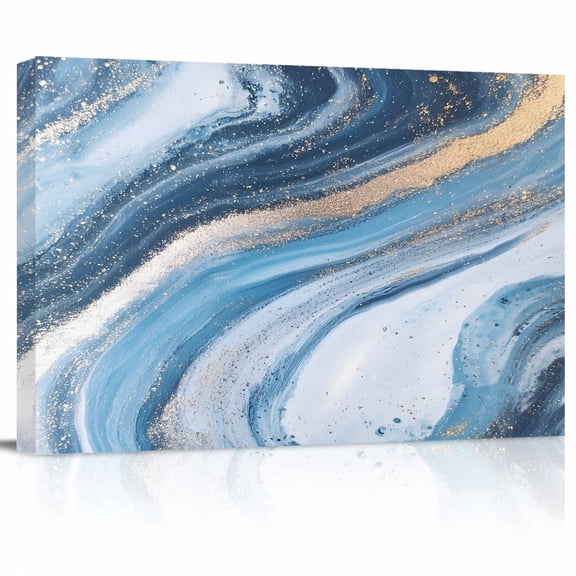 Abstract Marble Waves Texture Canvas Print Wall Art Gradient Blue Gold Art Pictures Painting Morden Artwork for Living Room Bedroom, Ready to Hang - 12"x16"