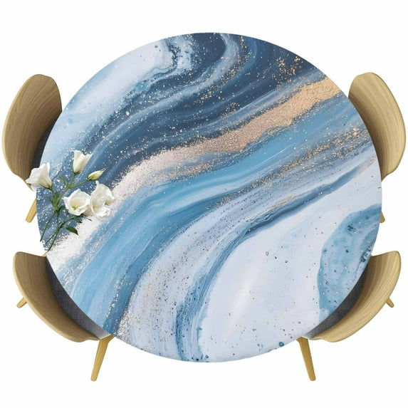 Abstract Marble Waves Texture Round Fitted Table Cover Gradient Blue Gold Art Waterproof Table Cloth with Elastic Edge Wipeable Tablecloth for Picnic Camping Party Fits 36"-44" Diameter