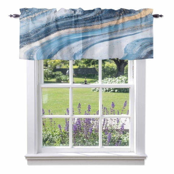 Abstract Marble Waves Texture Valance Curtain Gradient Blue Gold Art Window Valances Rod Pocket Short Curtains Window Treatments for Kitchen Bedroom Bathroom Laundry 42" x 18"