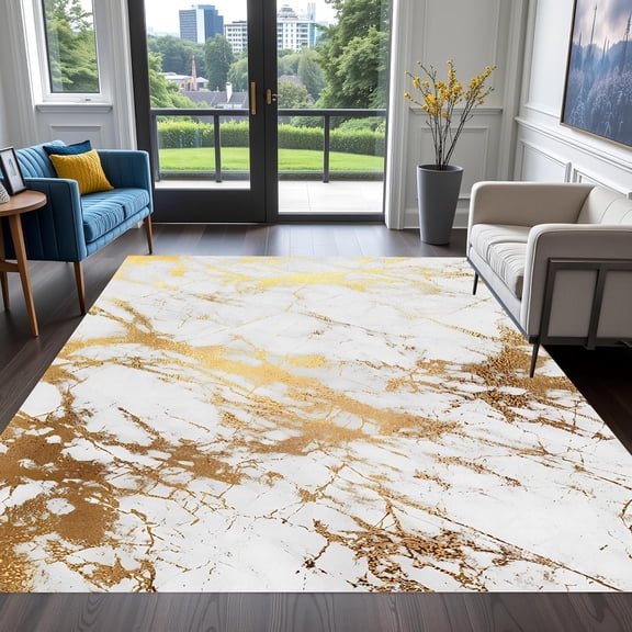 Abstract Marble White Gold Area Rug, Luxury Modern Design Carpet, Washable Non Slip Soft Pile, Living Room Bedroom Dining Room Office Mat 2x3ft