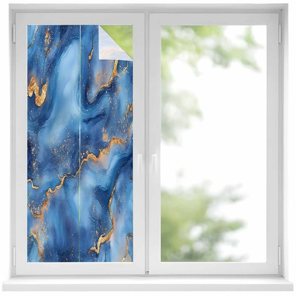Abstract Marble Window Privacy Film Blue Gradient Gold Wave Texture Art Decorative Glass Window Film UV Blocking Static Cling Non-Adhesive Sticker Covering for Home Door 19.6 x 39.3 inches