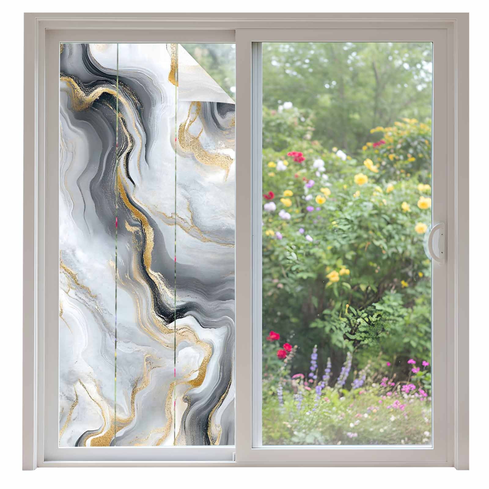 Abstract Marble Window Privacy Film Gradient Black White Gold Texture Decorative Glass Window Film UV Blocking Static Cling Non-Adhesive Sticker Covering for Home Door 35.4x78.7 inches