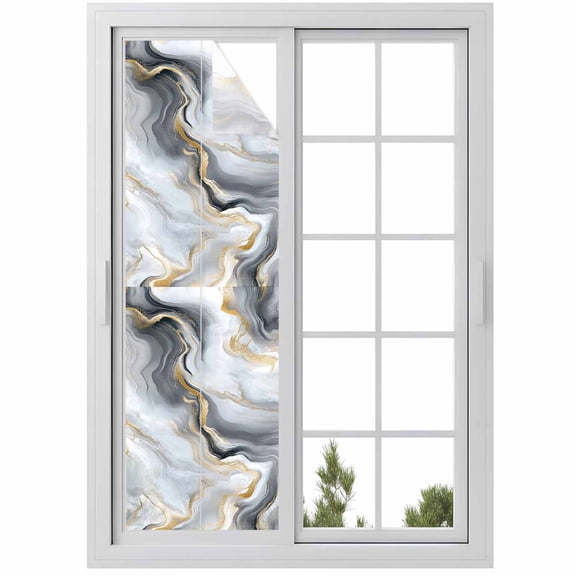 Abstract Marble Window Privacy Film Gradient Black White Gold Texture Decorative Glass Window Film UV Blocking Static Cling Non-Adhesive Sticker Covering for Home Door 17.7 x 78.7 inches