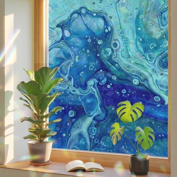 Abstract Marble Window Privacy Film, Turquoise Green Gradient Ocean Wave Texture Stained Glass Rainbow Film Decorative Window Clings, Static Cling Sun Blocking Stickers 17.7" x 39.3"