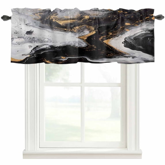 Abstract Marble Window Valance Curtain Modern Black Gold Rod Pocket Short Curtain for Living Room, Bedroom & Kitchen Window Decor 42x18in