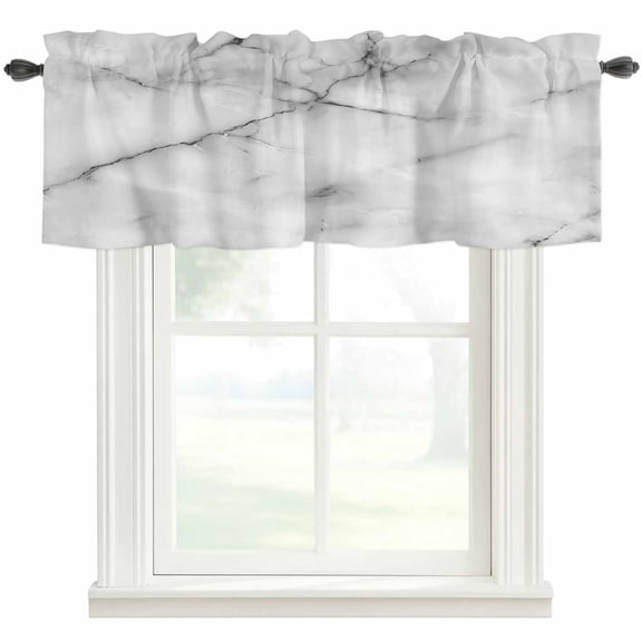 Abstract Marble Window Valance Curtain White Texture Rod Pocket Short Curtain for Living Room, Bedroom & Kitchen Window Decor 60x18in