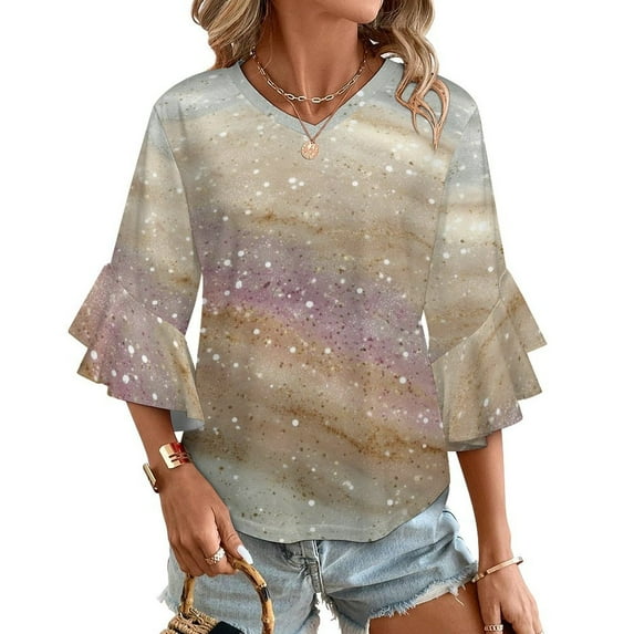 Abstract Marble With Sparkles Women's V-Neck Blouse With 3/4 Ruffled Bell Sleeves Casual Top Ladies Blouses