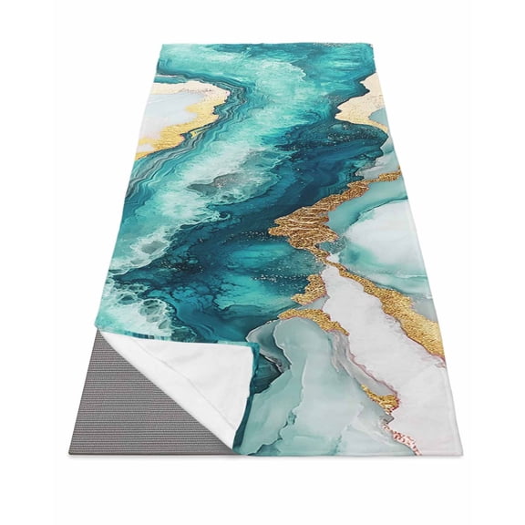 Abstract Marble Yoga Towel for Hot Yoga Non Slip, Turquoise Abstract Golden Foil Texture Yoga Mat Towel Absorbent Yoga Sweat Towels Microfiber Hot Yoga Blanket for Bikram Pilates 26"x70"