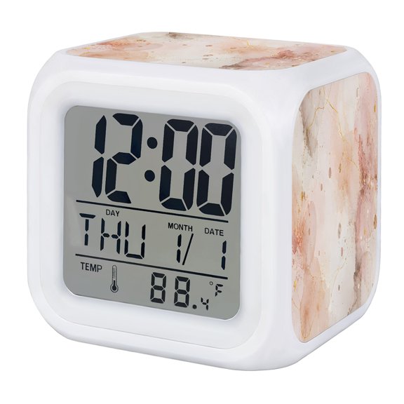 Abstract Marbled Alarm Clock, Rose Splattered Ink Fluid Layering Texture Digital Clock Night Light with 7 Color, Calendar Temperature Display, LED Desk Small Clock for Bedrooms Bedside Living Room