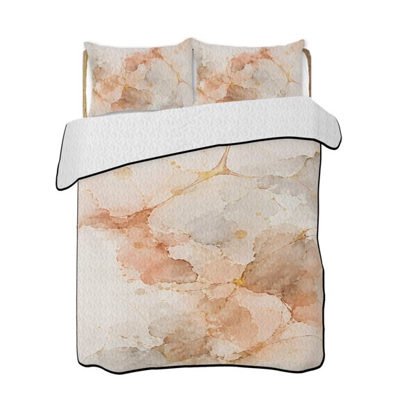 Abstract Marbled Quilts Bedding Set California King Amber Ink Golden Cracks Fluid Layering Texture Lightweight Quilted Bedspread 3 Piece Bed Quilt with 2 Pillow Shams for Bedroom 96" x 106"