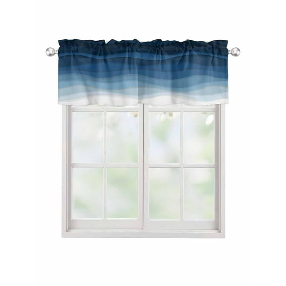 Abstract Marine Blue Gradient Art Curtain Valances for Kitchen Windows,Rod Pocket Short Valance Ocean Spray Wave Stripe Small Window Treatment for Living Room Bathroom Bedroom,42"x12"-1 Panel
