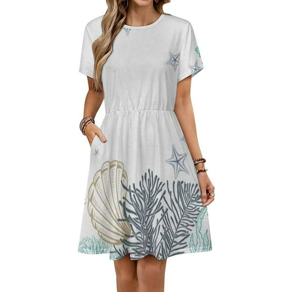 Abstract Marine Life Pattern Short Sleeve Dress Women Summer Evening Dresses Ladies Sundress