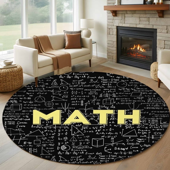Abstract Math 7ft Round Rug for Living Room Conversation Area, Mathematical Formula Pattern Black Washable Non Slip Large Circle Area Rug