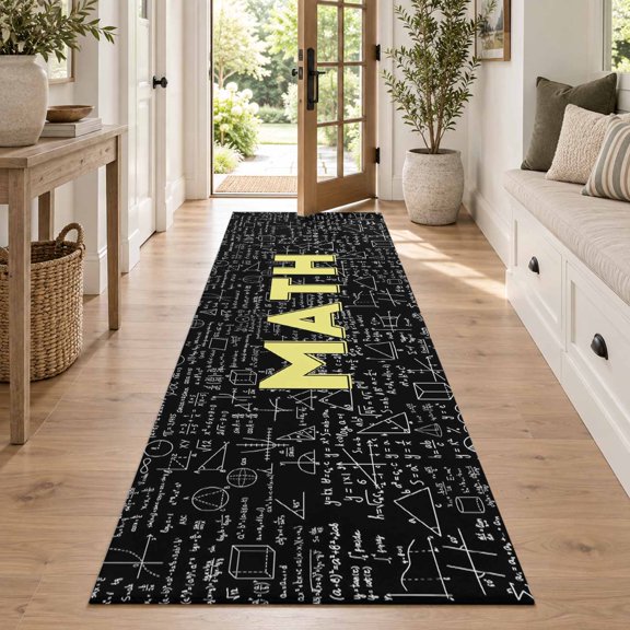 Abstract Math Hallway Washable Runner Rug 2x6 Mathematical Formula Pattern Black Kitchen Runner Rug with Non Slip Backing, Stain Resistants Carpet Runner for Entryway, Laundry Room, Bedroom