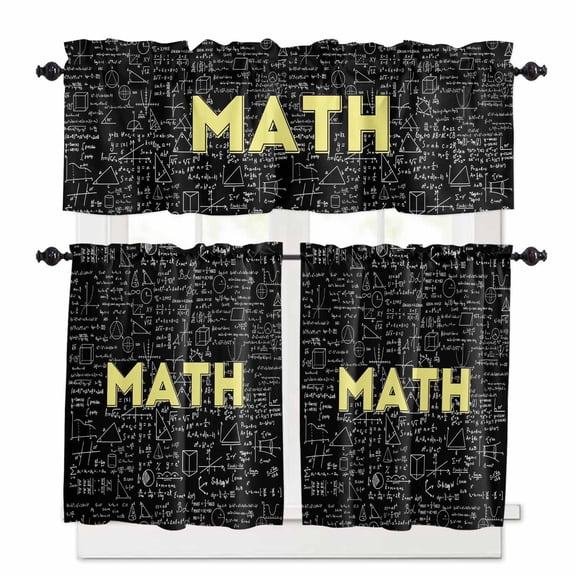 Abstract Math Window Curtains Valance Set of 3 Mathematical Formula Pattern Black Rod Pocket Small Kitchen Curtain, Soft Window Treatment for Bedroom Party Holiday Decor