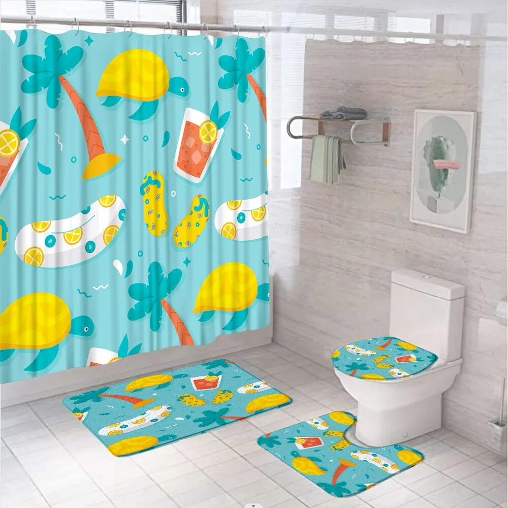 Abstract Medieval Leaves Shower Curtain Set Summer Pineapple Fruit
