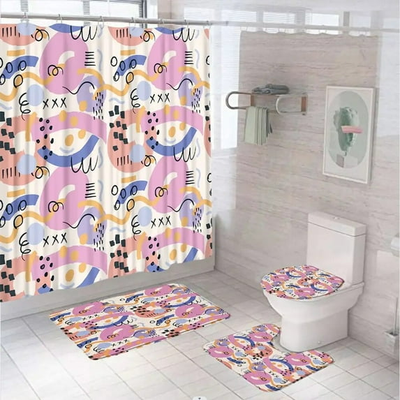 Abstract Medieval Shower Curtain Sets Colorful Leaves Vintage Art Bathroom Curtains Non-Slip Bath Mats Pedestal Rug Toilet Cover