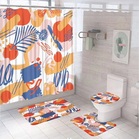 Abstract Medieval Shower Curtain Sets Colorful Leaves Vintage Art Bathroom Curtains Non-Slip Bath Mats Pedestal Rug Toilet Cover