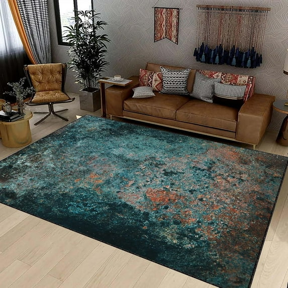 Abstract Metal Patterned Area Rug, Teal Rug, Hippie Rug, Abstract Area Rug, Mixed Pattern Rug, Decorative Rug, Art Deco Rug, Floor Rug 4x5ft