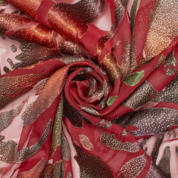 Abstract Metallic Embroidered Chiffon Jacquard Fabric – Sheer Shiny Polyester for Dresses, Skirts, Overlays & Costumes by the Yard (Ember, 1 Yard)