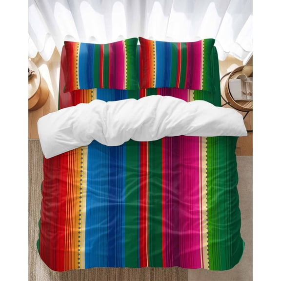 Abstract Mexican Stripes Bedding Duvet Cover Set Full Size 4 Pieces Retro Countryside Decoration Bedding Set with Zipper Closure, 1 Comforter Cover 86x86 Inches 1 Flat Sheet & 2 Pillow Cases