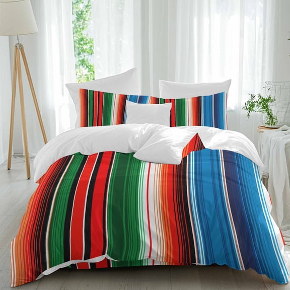 Abstract Mexican Stripes Queen Size Comforter Set, Retro Farmhouse Decoration Bedding for All Seasons, 4 Pcs Bed Set, 1Quiltcover (90"x92") ,1Sheet(94"x116"), 2Pillowcases (30"x20")