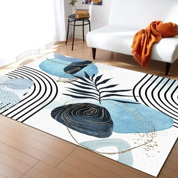 Abstract Mid Century Area Rug,Tropical Leaves Blue Geometric Floral Modern Art Rugs, Boho Style Multipurpose Washable Home Decor Mat For Bedroom Living Room Classroom Office