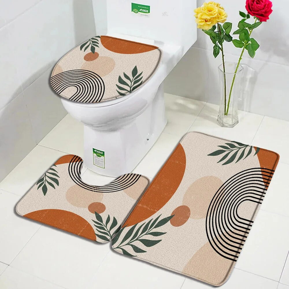 Abstract Mid Century Bath Mats Set Boho Modern Black Lines Leaves ...