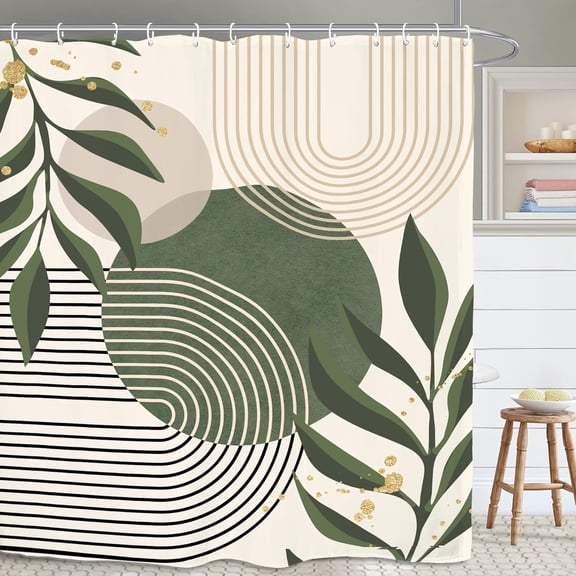 Abstract Mid Century Bathroom Shower Curtain 72W by 72H Inch Minimalist Modern Leaves Plant Arch Geometric Neutral Aesthetic Contemporary Polyester Fabric 12 Plastic Hooks Waterproof Decor