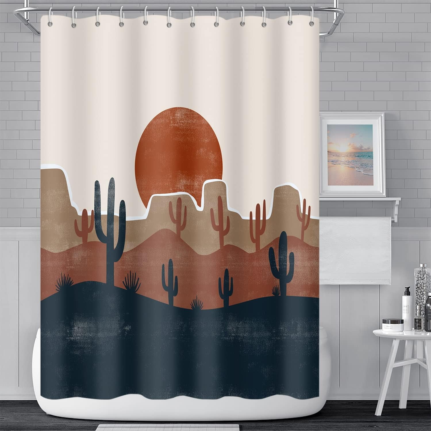 Abstract Mid Century Bohemian Bathroom Shower Curtain Desert Cactus Red Sun Shower Curtain with Hooks Waterproof Fabric Polyester Shower Curtain Modern Aesthetics Home Decorative, 36x72 Inch