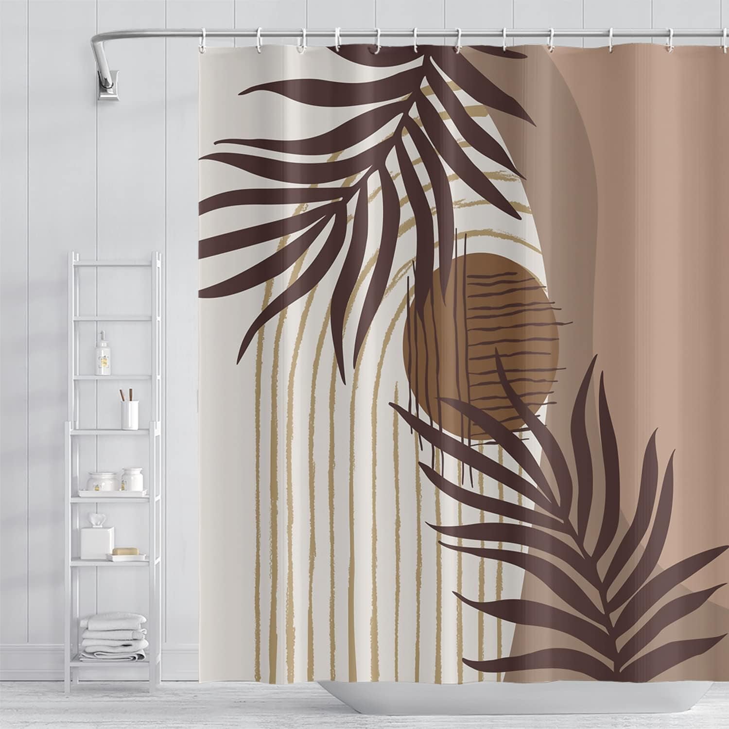 Abstract Mid Century Boho Bathroom Shower Curtain Eucalyptus Leaves Brown and Beige Sun Shower Curtain with Hooks Waterproof Fabric Polyester Shower Curtain for Art Home Decor, 72x72 Inch