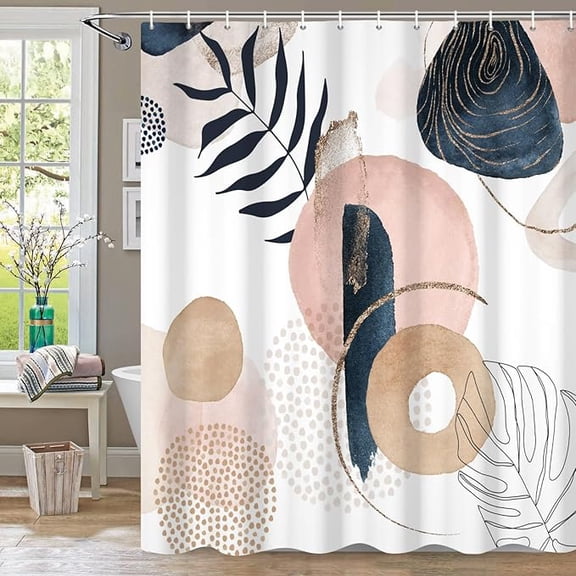 Abstract Mid Century Boho Shower Curtain For Bathroom Decor Navy Blue Gold Colorful Modern Shower Curtain Geometric Leaves Plant Bathroom Curtain Set With 12 Hooks 36"W x 72"L (Pack of 1)