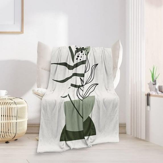 Abstract Mid Century Flannel Throw Blankets Green Beige Boho Leaf Thick Reversible Plush Fleece Blanket for Bed Couch Sofa,Geometric Minimalist Aesthetic Comfy Warm Fuzzy TV Throws 60"x80"