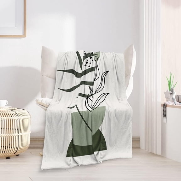 Abstract Mid Century Flannel Throw Blankets Green Beige Boho Leaf Thick Reversible Plush Fleece Blanket for Bed Couch Sofa,Geometric Minimalist Aesthetic Comfy Warm Fuzzy TV Throws 30"x40"